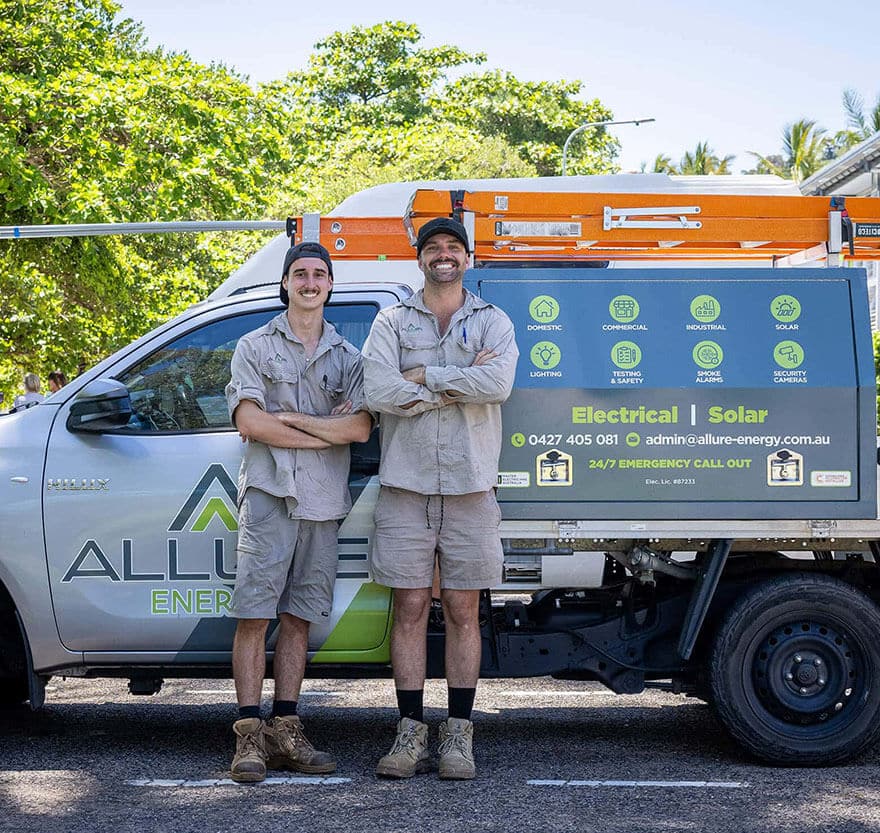 Professional Allure Energy electricians next to their Cairns service vehicle, ready for residential and commercial electrical work.