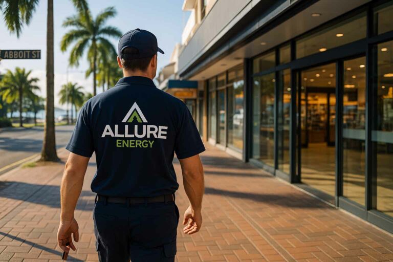 Allure Energy electrician in branded uniform walking along Abbott Street, Cairns, towards a commercial shopfront under palm trees