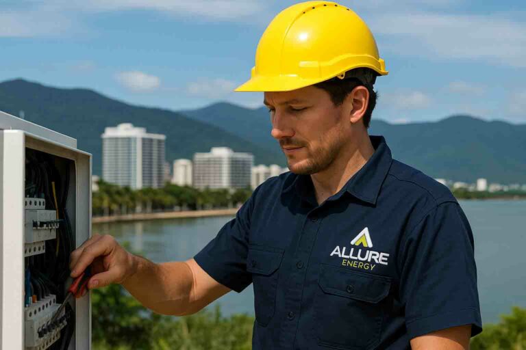 Allure Energy commercial electrician servicing an outdoor switchboard in Cairns, QLD