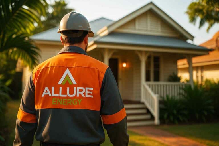 Electrician walking toward a Queenslander-style home in Cairns with Allure Energy logo on uniform