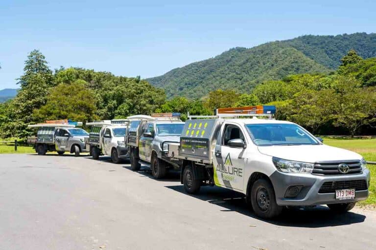 Fleet of Allure Energy electrician vehicles in Cairns QLD, parked in front of tropical landscape