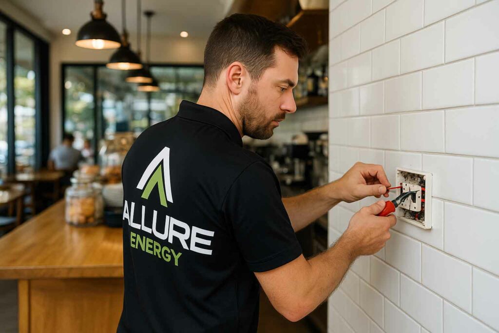Allure Energy electrician repairing a power point at a busy Cairns café, wearing branded uniform and demonstrating professional commercial electrical service.