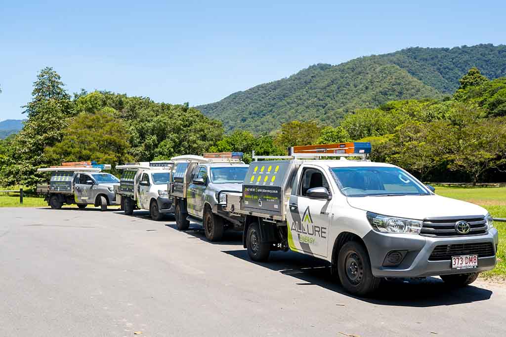 Fleet of Allure Energy electrical contractors in Cairns, delivering solar and electrical services across Far North Queensland.