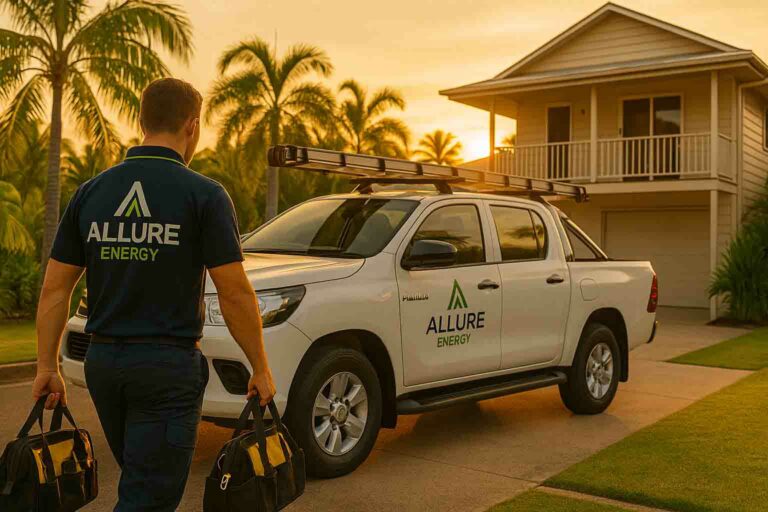 Allure Energy electrician carrying tool bags toward a branded ute at sunset outside a Cairns home.