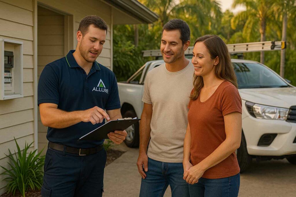 Allure Energy electrician explaining a detailed quote to Cairns homeowners beside a branded work ute, showcasing trusted electrical contractors Cairns.