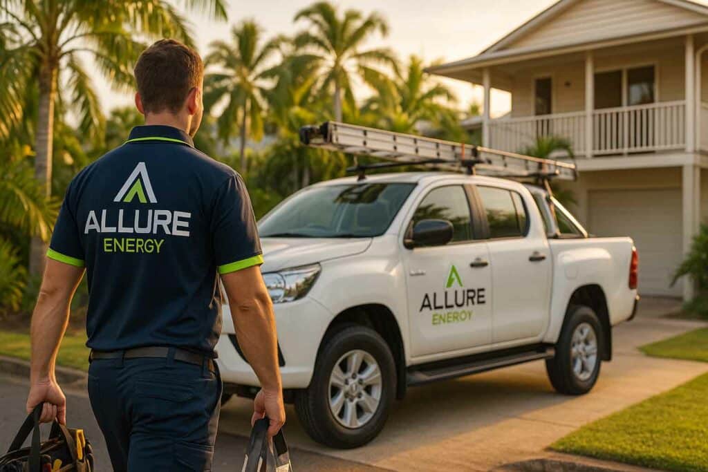 Allure Energy electrician carrying a toolkit toward a branded ute outside a Cairns home, highlighting expert electrical contractors Cairns.