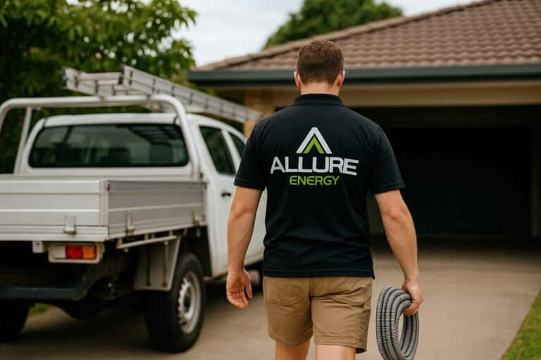 Allure Energy commercial electrician walking towards company ute at a Cairns worksite, showcasing branded uniform and professionalism.