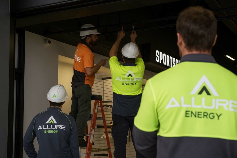 Allure Energy commercial electricians installing lighting during a retail shop fitout in Cairns