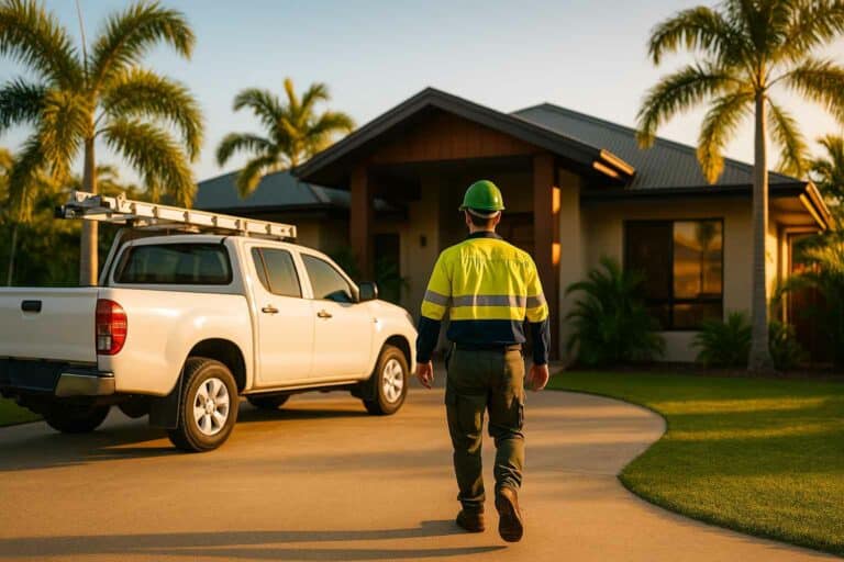 Electrician in hi-vis walking toward a white service ute at a modern Cairns home during golden hour