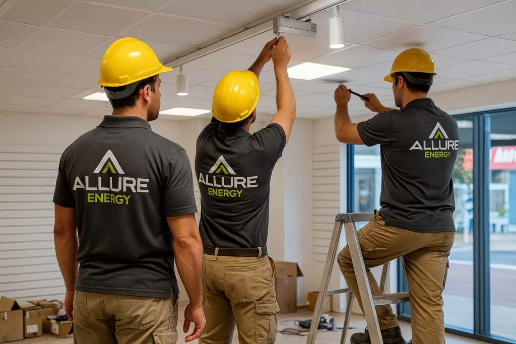 Allure Energy commercial electricians installing track lighting during a shop fit out in Cairns
