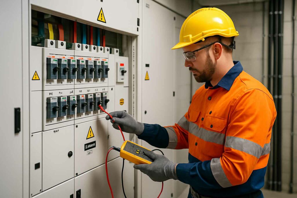Commercial electrician testing a switchboard during electrical maintenance in Cairns