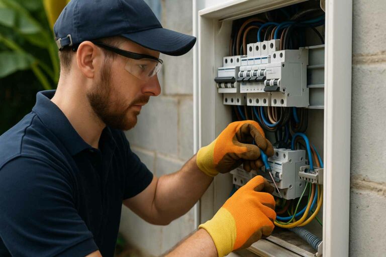Electrician in Cairns servicing a strata switchboard with tropical surroundings