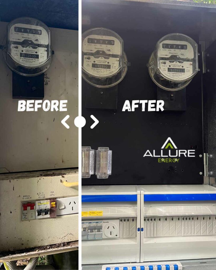 Before and after of a commercial switchboard upgrade by Allure Energy in Smithfield, Cairns