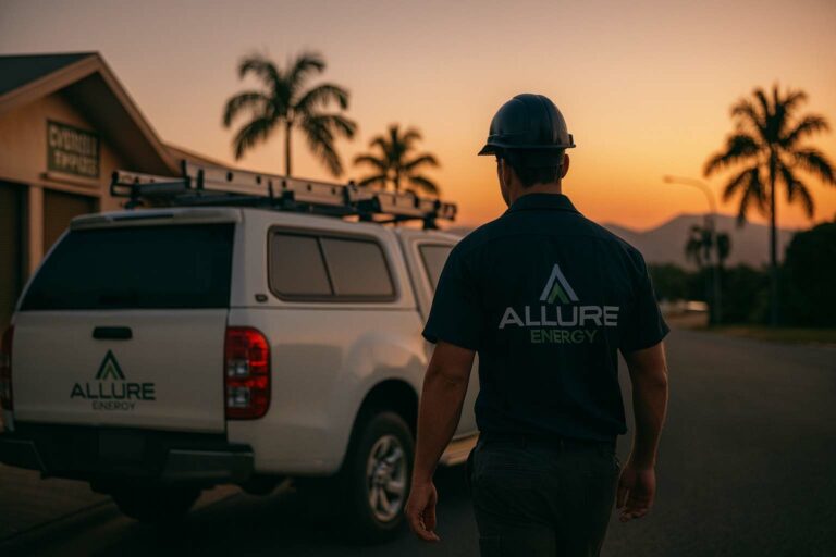Allure Energy commercial electrician walking towards branded ute at sunset in Cairns, Queensland