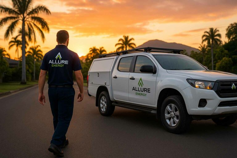 Allure Energy emergency electrician walking towards branded work ute at sunset in Cairns