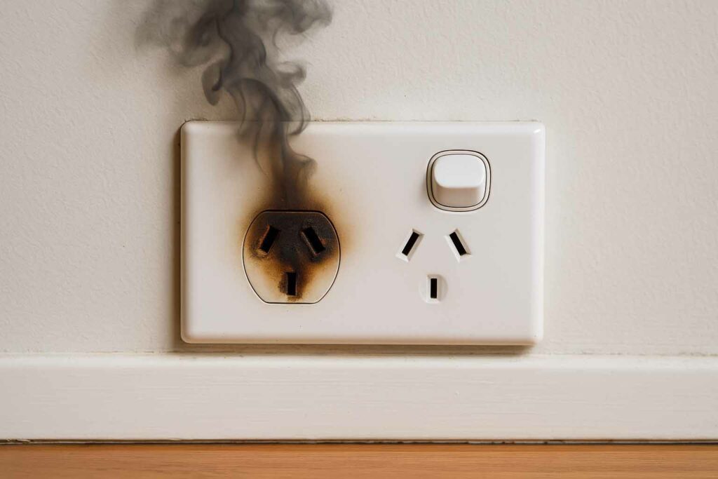 Burnt Australian power point showing smoke damage from an electrical emergency in a Cairns home