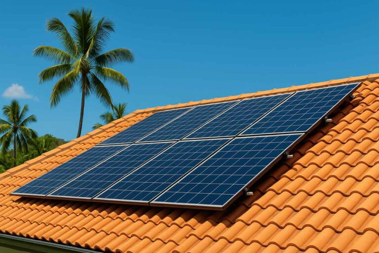 Solar panels installed on a tiled roof in Cairns, Queensland, with palm trees and blue sky in the background