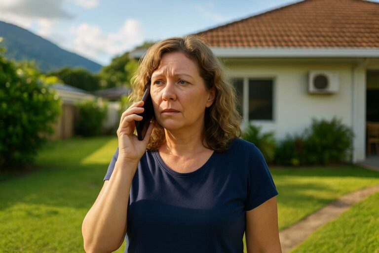 Concerned homeowner in Cairns phoning a licensed electrician for urgent electrical help