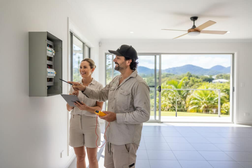 Licensed electrician from Allure Energy performing an electrical safety inspections in Cairns, explaining switchboard results to a homeowner.