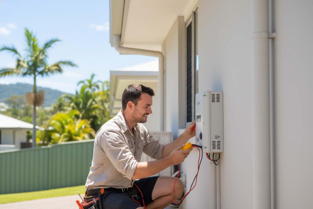 Allure Energy electrician performing solar maintenance Cairns, cleaning solar panels and testing the inverter on a residential rooftop system.