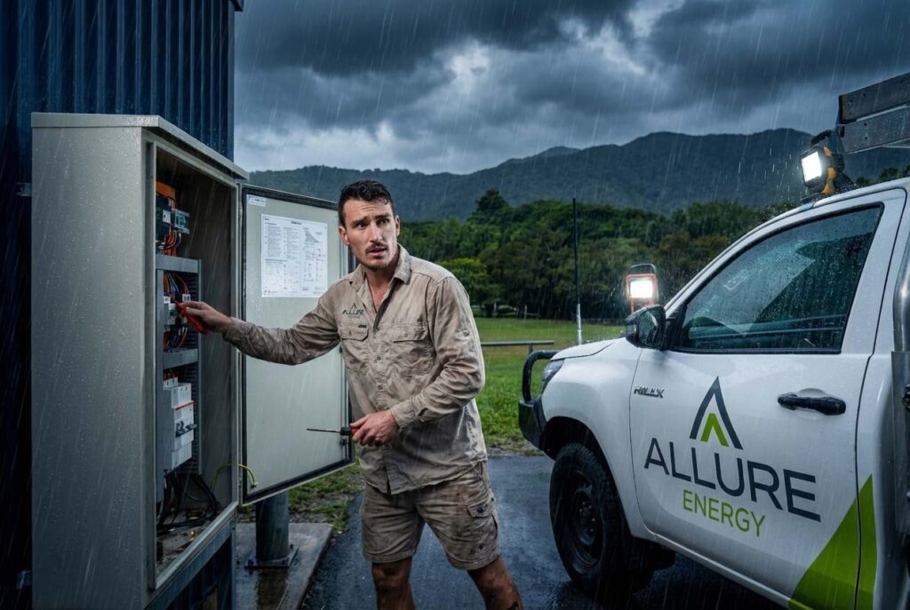 Allure Energy emergency electrician working on an outdoor switchboard in Cairns during wet-season conditions.