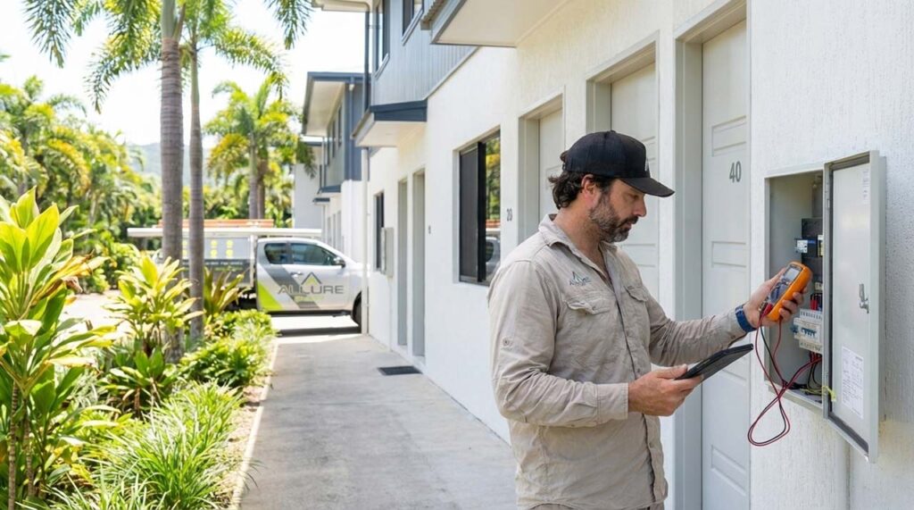 Allure Energy electrician completing a strata and rental property electrical compliance inspection at a Cairns unit complex.