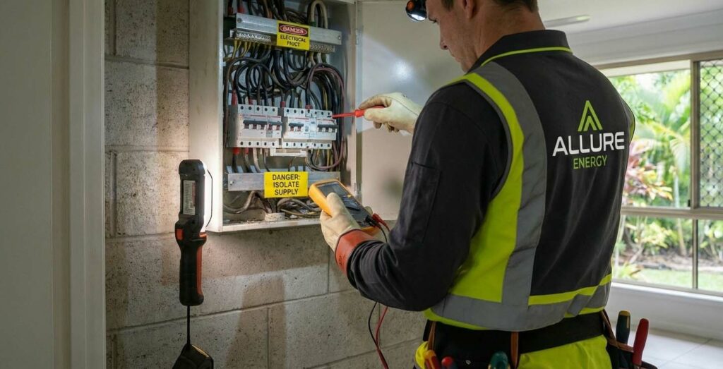 Emergency electrician inspecting a residential switchboard during an electrical fault in Clifton Beach