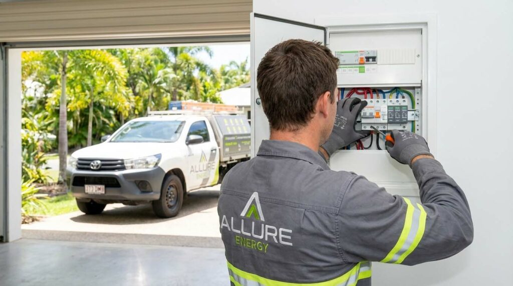 Licensed electrician carrying out safety switch maintenance to prevent electrical emergencies in Clifton Beach