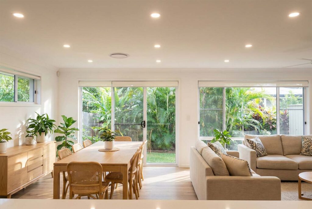 Modern living room with LED installation in Cairns featuring energy efficient downlights installed in a residential home