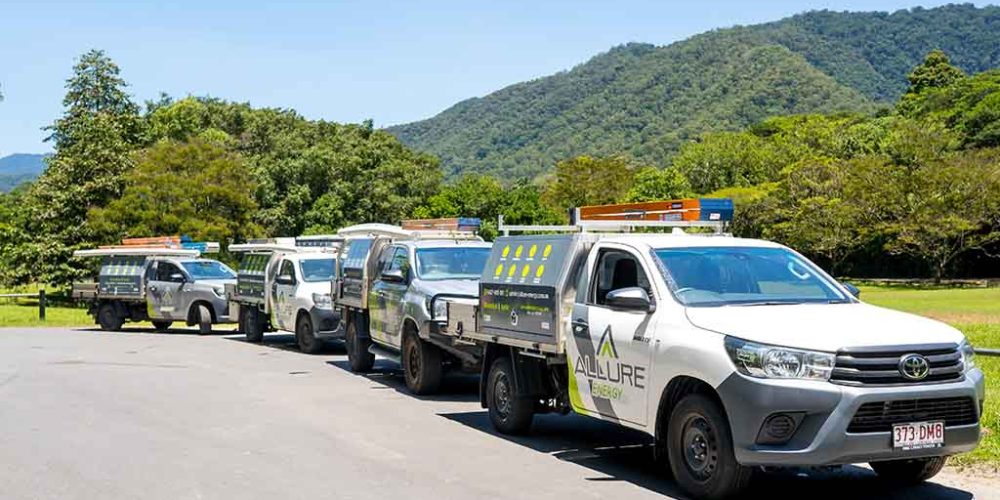 Fleet of Allure Energy electrical contractors in Cairns, delivering solar and electrical services across Far North Queensland.