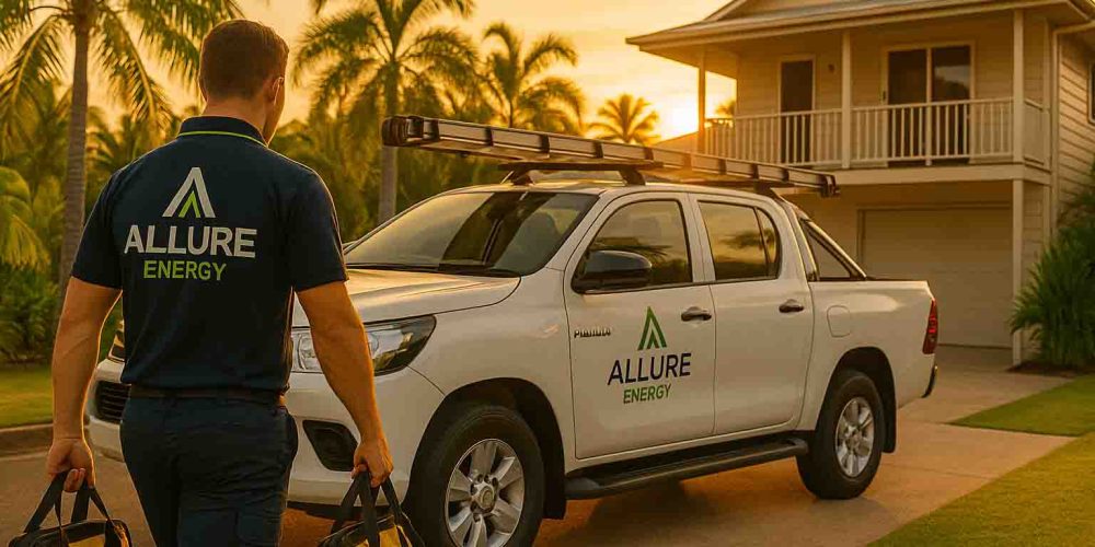 Allure Energy electrician carrying tool bags toward a branded ute at sunset outside a Cairns home.
