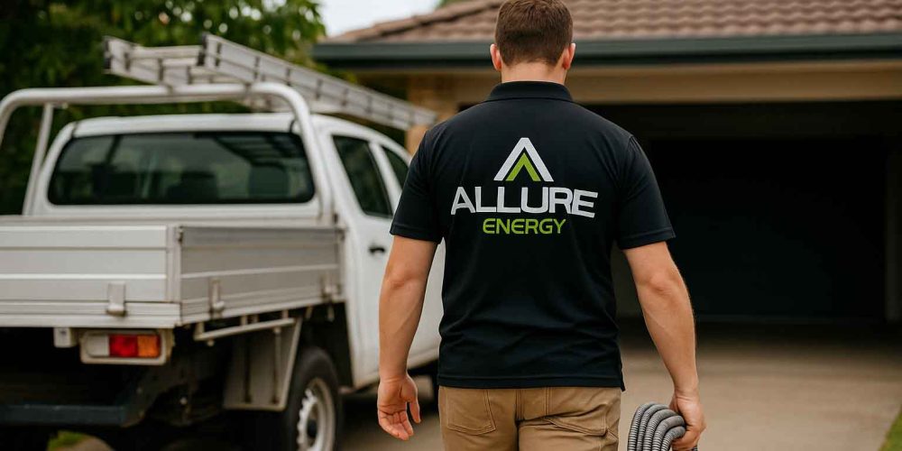 Allure Energy commercial electrician walking towards company ute at a Cairns worksite, showcasing branded uniform and professionalism.