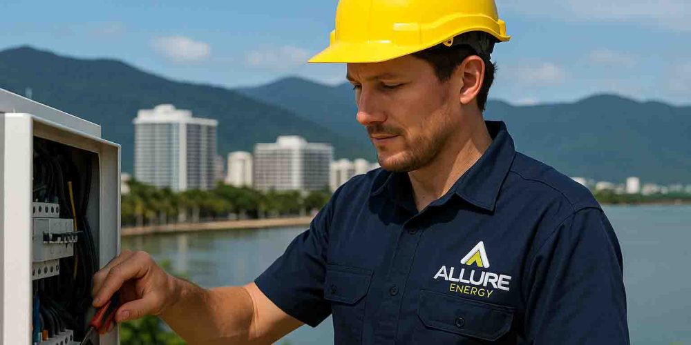 Allure Energy commercial electrician servicing an outdoor switchboard in Cairns, QLD