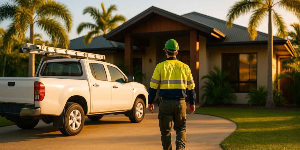 Electrician in hi-vis walking toward a white service ute at a modern Cairns home during golden hour