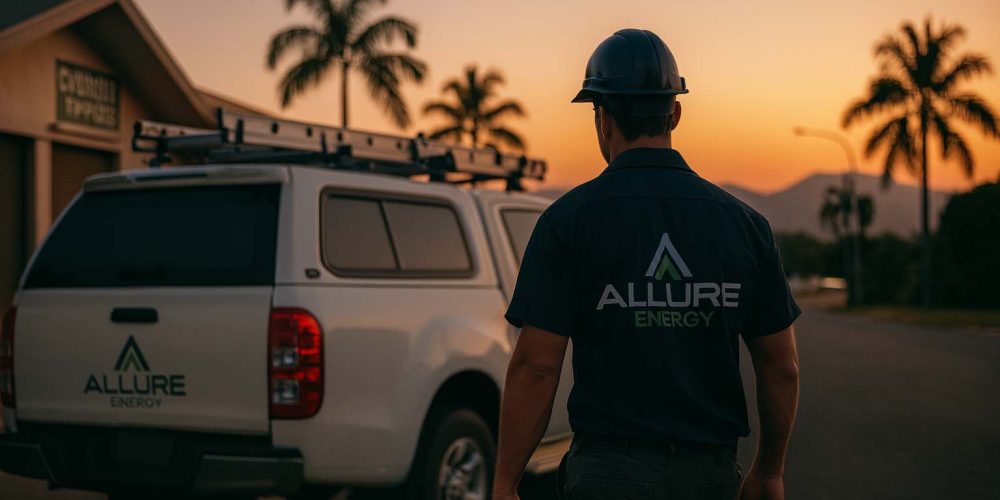 Allure Energy commercial electrician walking towards branded ute at sunset in Cairns, Queensland