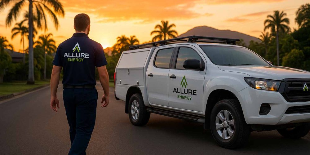 Allure Energy emergency electrician walking towards branded work ute at sunset in Cairns
