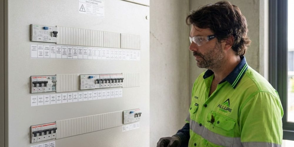 Electrician inspecting commercial switchboard for electrical safety compliance in Cairns, wearing safety gear and Allure Energy uniform.