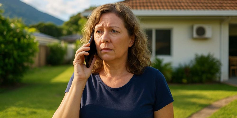 Concerned homeowner in Cairns phoning a licensed electrician for urgent electrical help