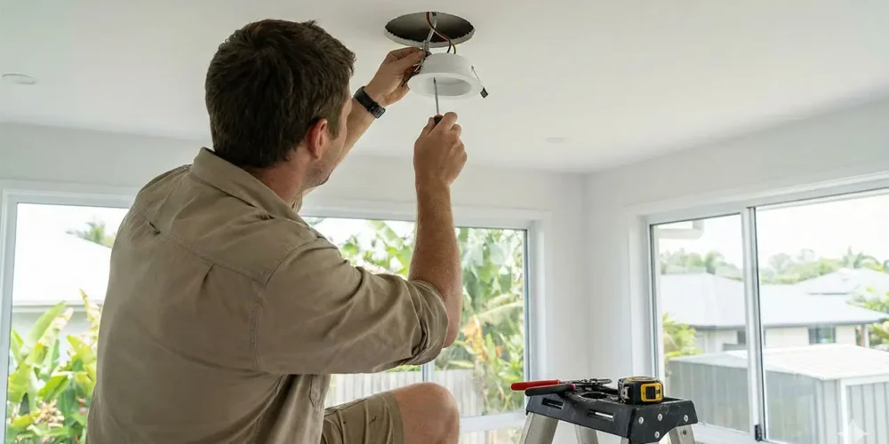 Electrician installing LED downlight in ceiling during LED installation in Cairns
