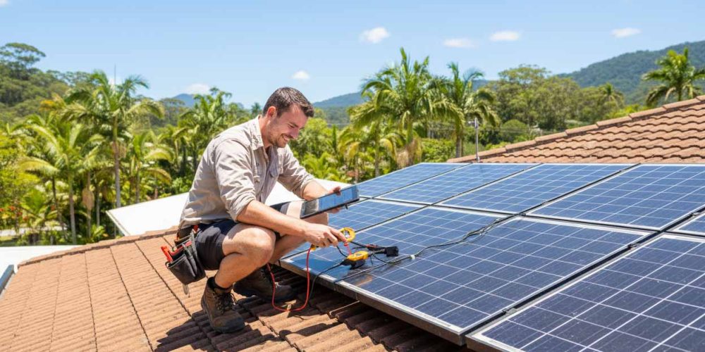 Licensed electricians from Allure Energy performing solar maintenance Cairns, cleaning rooftop solar panels to improve energy efficiency.