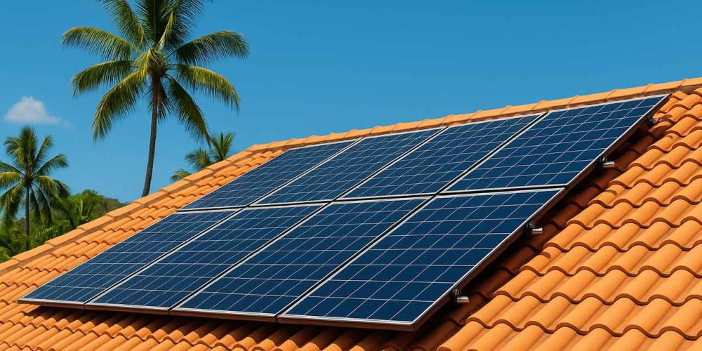 Solar panels installed on a tiled roof in Cairns, Queensland, with palm trees and blue sky in the background