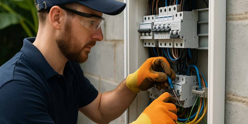 Electrician in Cairns servicing a strata switchboard with tropical surroundings